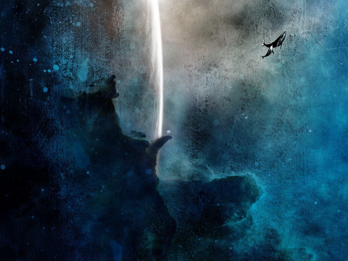 Whales in a cosmic nebula with a light beam