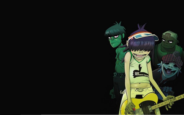 Gorillaz characters Noodle, 2-D, Murdoc, and Russel