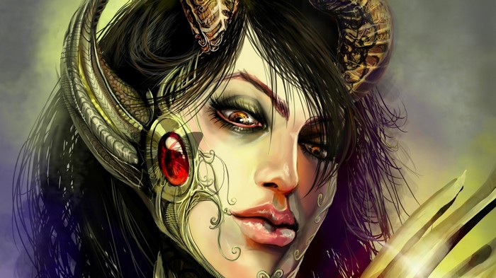 Close up of a woman with horns and ornate headpiece