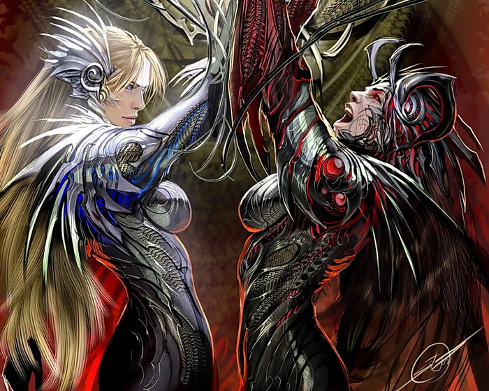 Two armored female warriors fighting