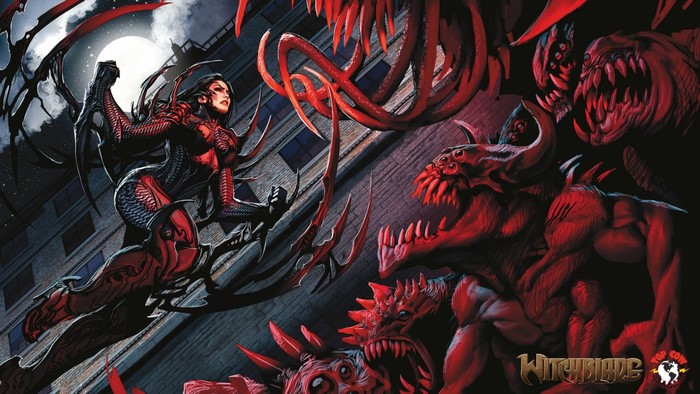 Witchblade fighting monsters in a city at night