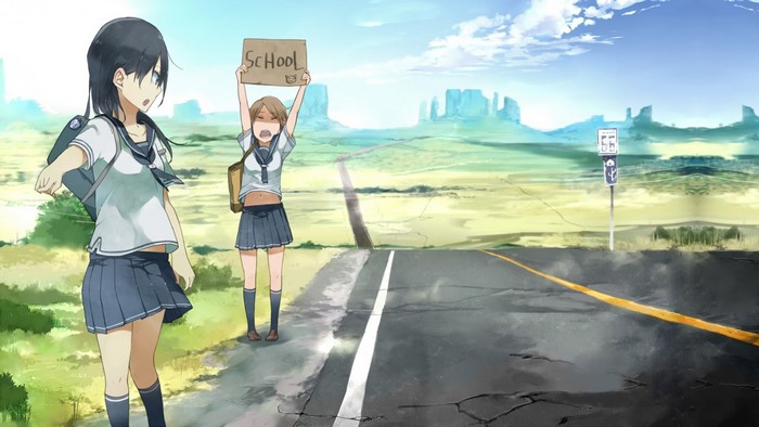 Two anime girls in school uniforms hitchhiking on a road
