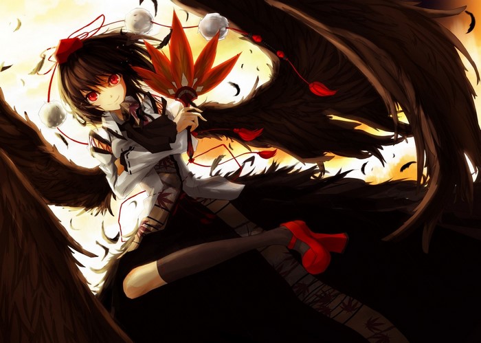 Shameimaru Aya from Touhou with black wings