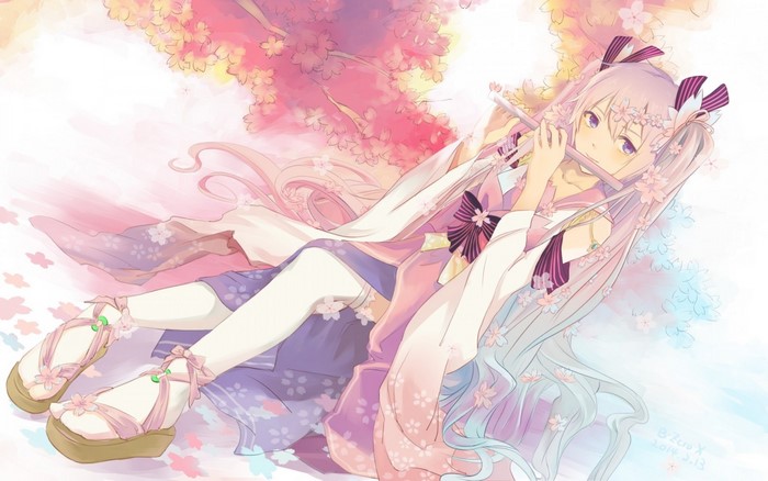 Hatsune Miku from Vocaloid playing a flute under cherry blossoms