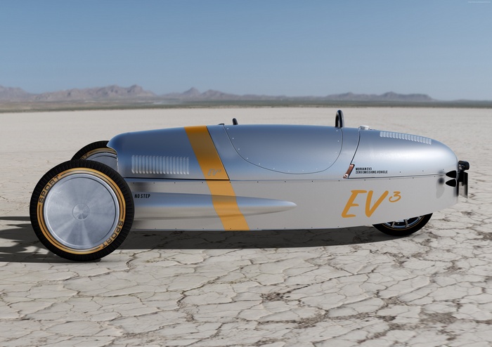 Morgan EV3 electric sport car on a dry lake bed