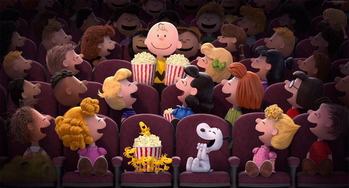 Snoopy and Charlie Brown from The Peanuts Movie in a theater