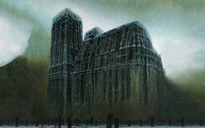 Gothic architecture in a foggy, desolate landscape
