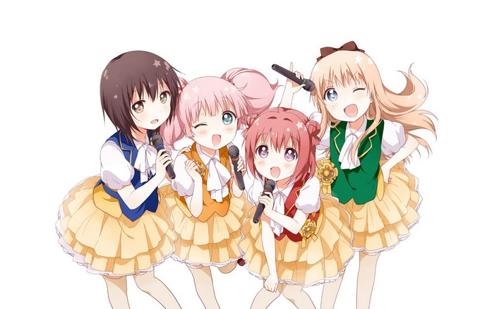 Four anime girls from Yuru Yuri holding microphones