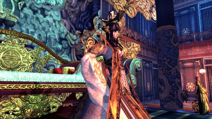 Woman in ornate dress on a throne in a palace
