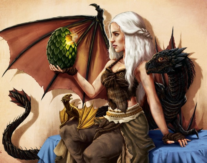Daenerys Targaryen from Game of Thrones with Dragons and Egg