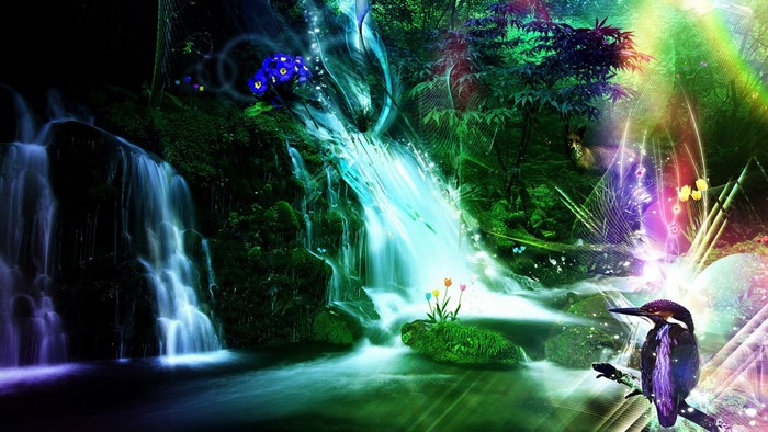 Fantasy waterfall with bird and abstract elements