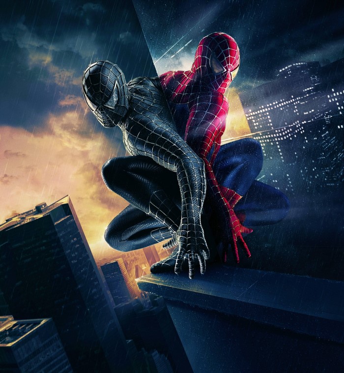 Spider-Man in Black and Red Suits on Rooftop