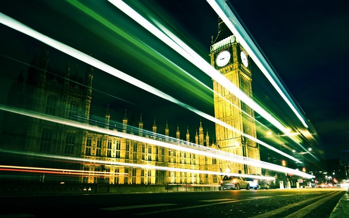 Big Ben and Houses of Parliament at night with light trails
