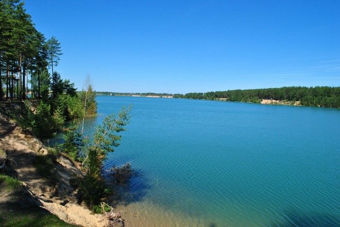 Turquoise lake surrounded by pine forest and sandy shore