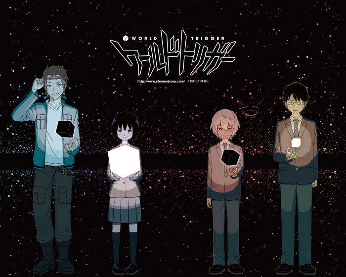 World Trigger characters holding cubes in space