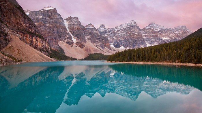 Moraine Lake with Mountains and Forest Reflection