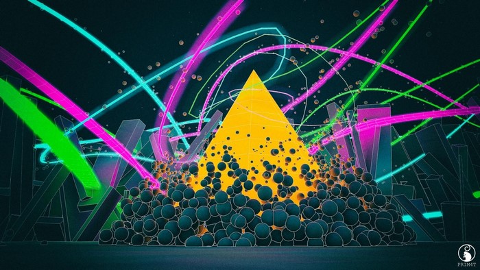 Psychedelic abstract art with neon lights and geometric shapes