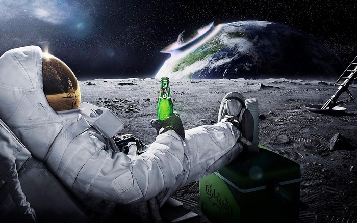 Astronaut drinking Carlsberg beer on the Moon with Earth in background