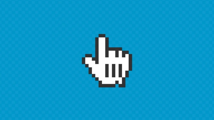 Pixelated hand cursor on blue checkered background