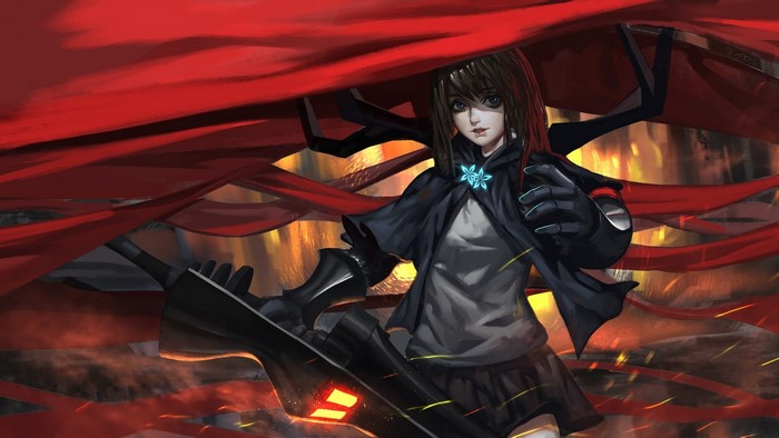 Anime girl with weapon and red cape