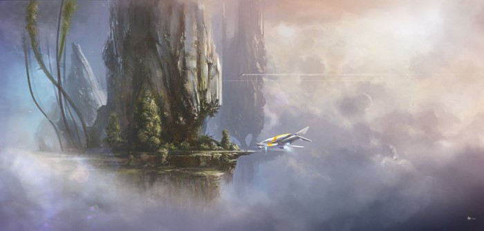 Science fiction landscape with flying vehicles and floating islands