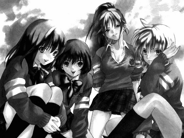 Four anime girls in school uniforms