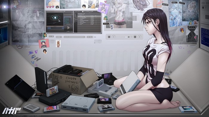 Anime girl with retro video game consoles