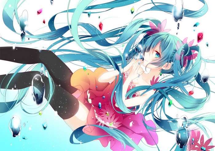 Hatsune Miku from Vocaloid with flowers and water