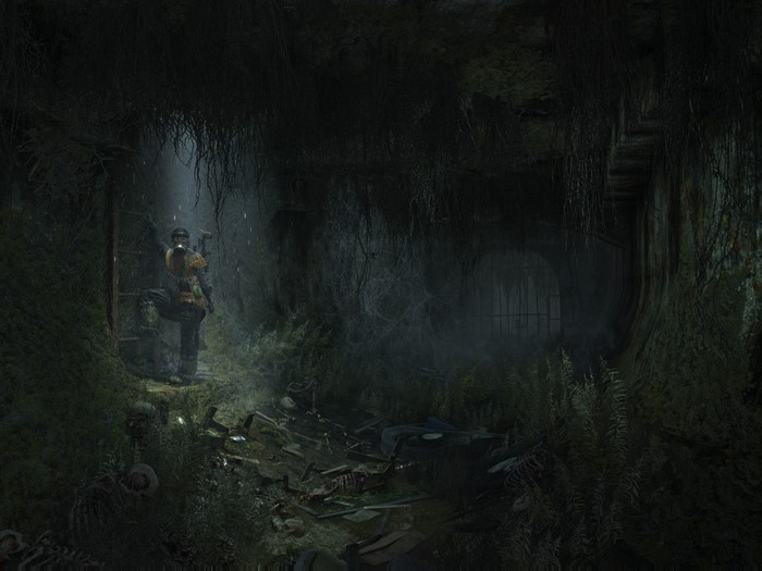 Character in a dark, overgrown tunnel from Metro Last Light
