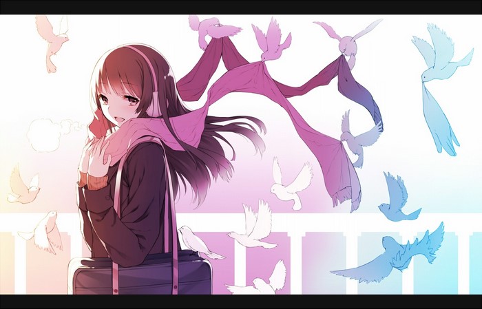 Anime girl with headphones and scarf surrounded by birds