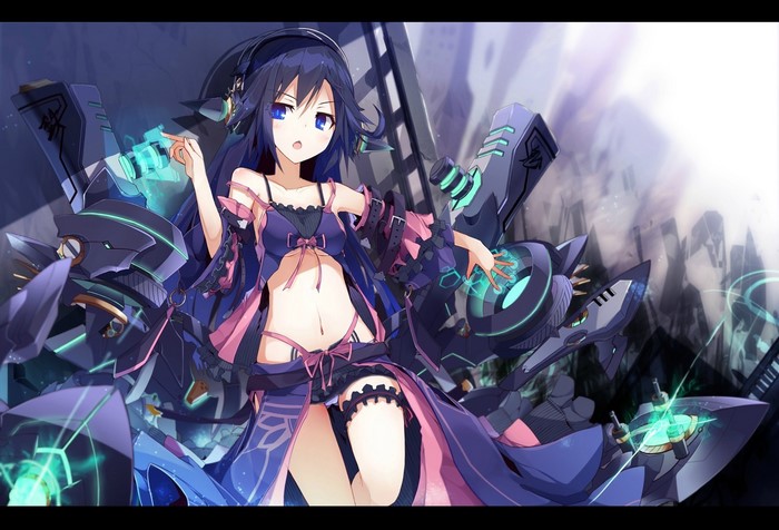 Anime girl with blue hair and headphones near mecha