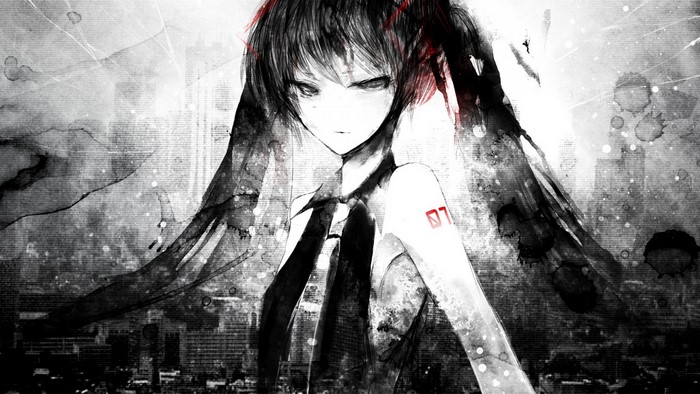 Hatsune Miku from Vocaloid in monochrome art style