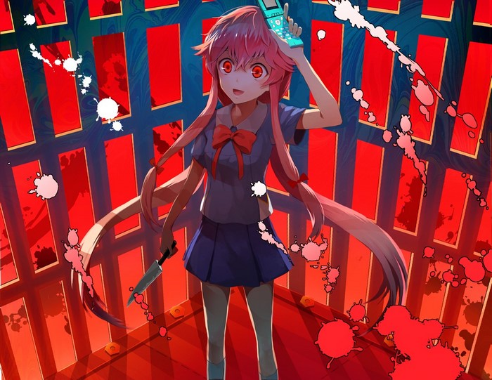 Gasai Yuno from Mirai Nikki holding a phone and knife