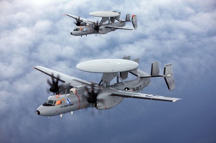 Two US Navy E-2D Advanced Hawkeye aircraft in flight
