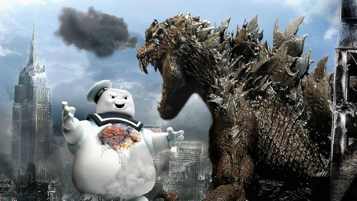 Godzilla vs. Stay Puft Marshmallow Man in a destroyed city