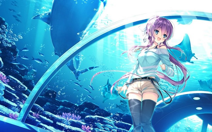 Anime girl with purple hair in aquarium with marine life