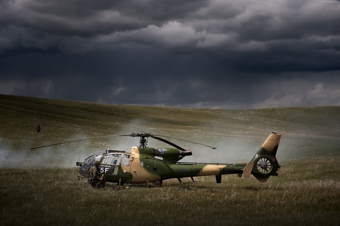 French Army Sud-Aviation Gazelle helicopter in a field