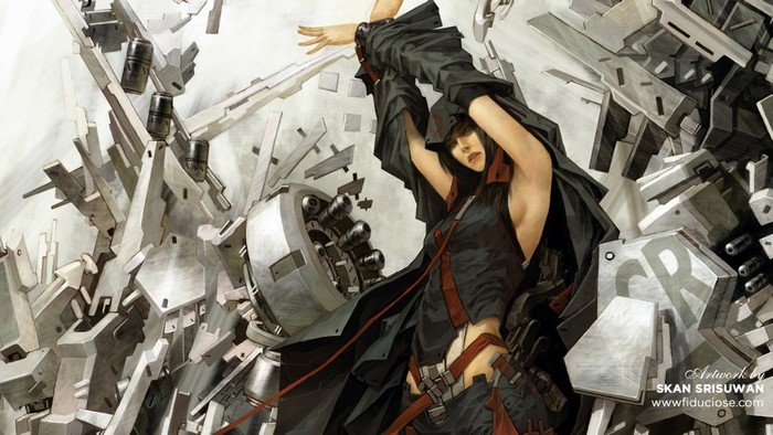 Soldier in a black outfit with mechanical debris