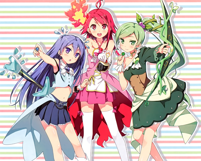 Three anime girls with magical instruments
