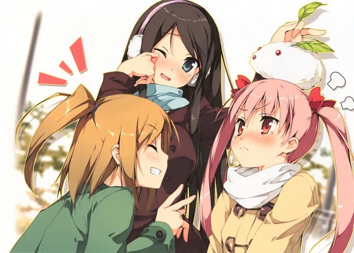 Three anime girls interacting