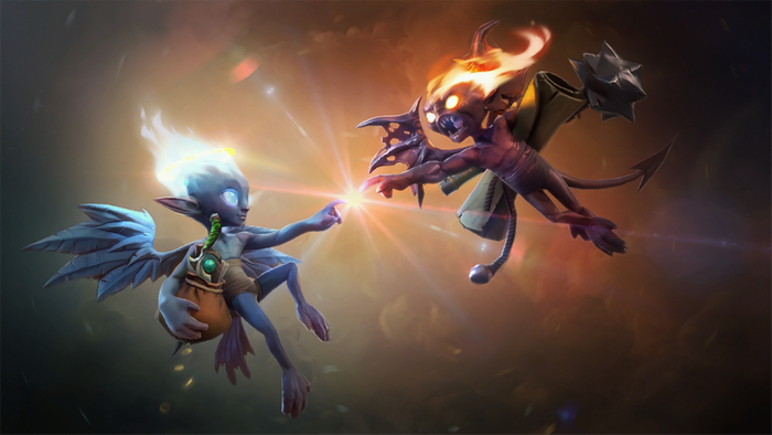 Two fantasy creatures reaching for a light