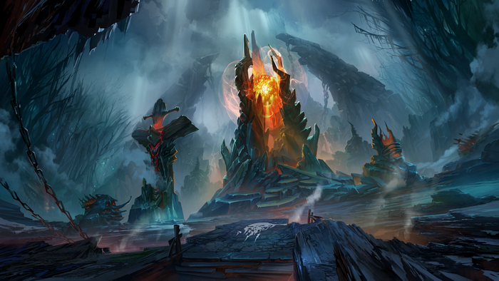 Dota 2 Loading Screen: Hellish Landscape with Fiery Structures