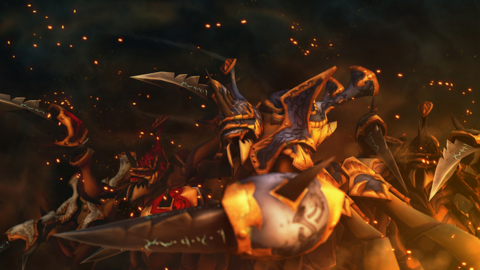 Dota 2 characters in a fiery, dark scene