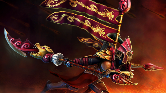 Dota 2 loading screen with a warrior holding a banner