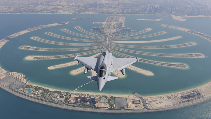 Eurofighter Typhoon flying over Palm Jumeirah, Dubai