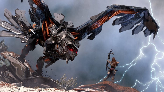Aloy from Horizon Zero Dawn fights a robotic dragon during a lightning storm