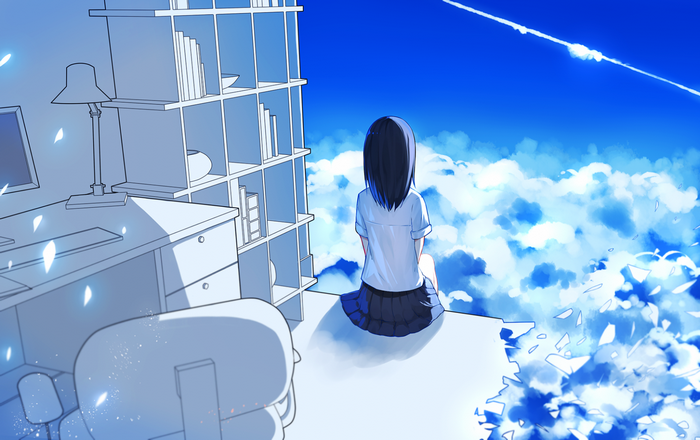 Anime girl sitting on edge of building overlooking clouds