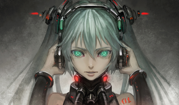 Hatsune Miku from Vocaloid with headphones and mask