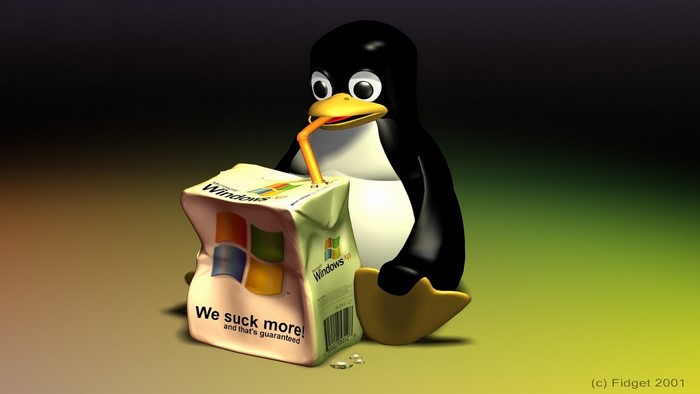 Linux Penguin drinking from Windows XP juice box