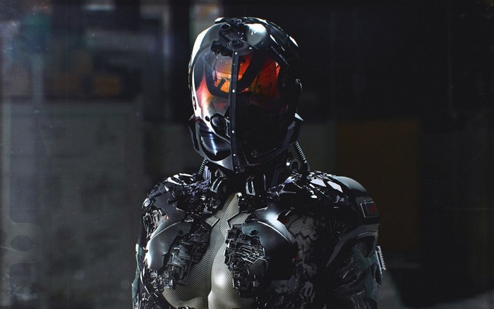 Cyberpunk character in damaged armor